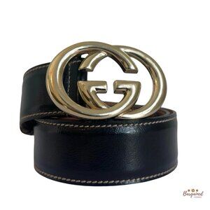 Authentic Gucci Black Leather Gold Double G Buckle Belt 80/32